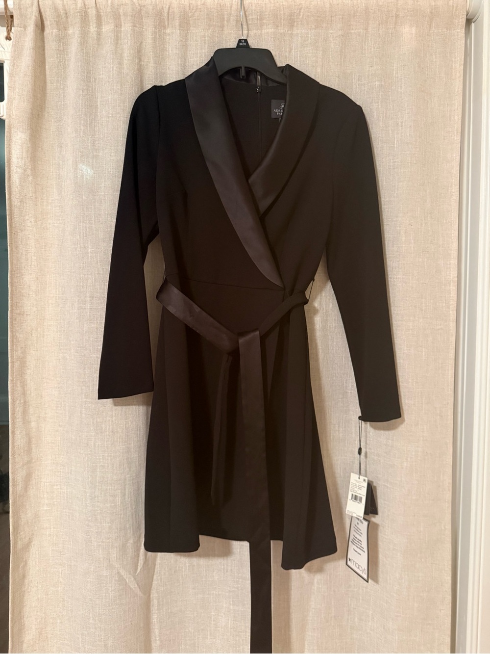 Adrianna Papell Black Satin-Trim Wrap Dress - Long Sleeve